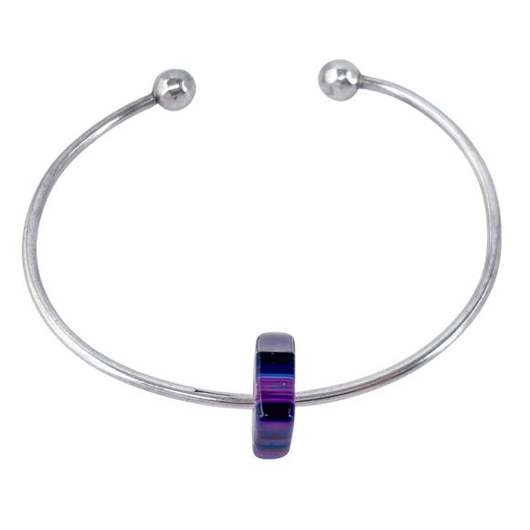 Ball Tip Cuff Bracelet | Purple Glass Charm | Vintage Sterling Silver 925 | 6.5" - Picture 4 of 11